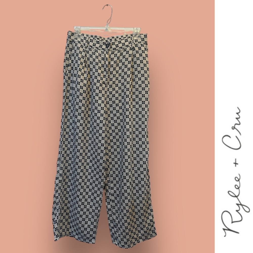 Rylee + Cru Black and Ecru Checkered Linen Blend Pants, Size S, MSRP $90